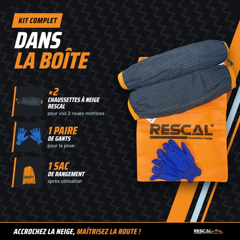 Contenu du kit Rescal : 2 chaussettes à neige, 1 paire de gants et 1 sac de rangement
