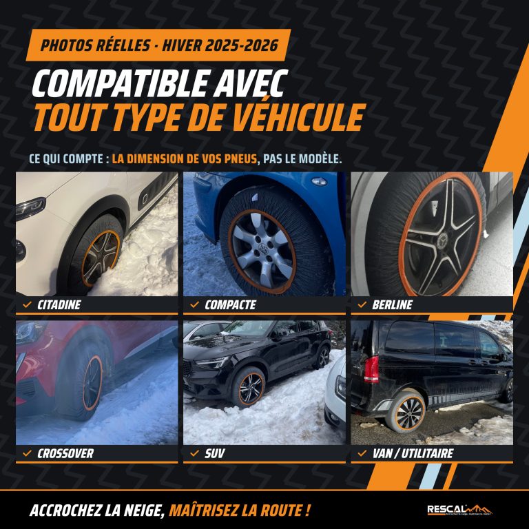 Chaussettes à neige Rescal compatibles avec tout type de véhicule : citadine, berline, SUV, utilitaire