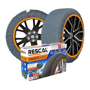 Kit chaussettes à neige Rescal taille L : la boîte et 2 roues équipées
