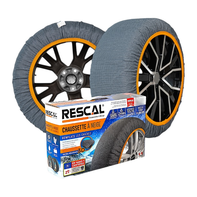 Kit chaussettes à neige Rescal : la boîte et 2 roues équipées